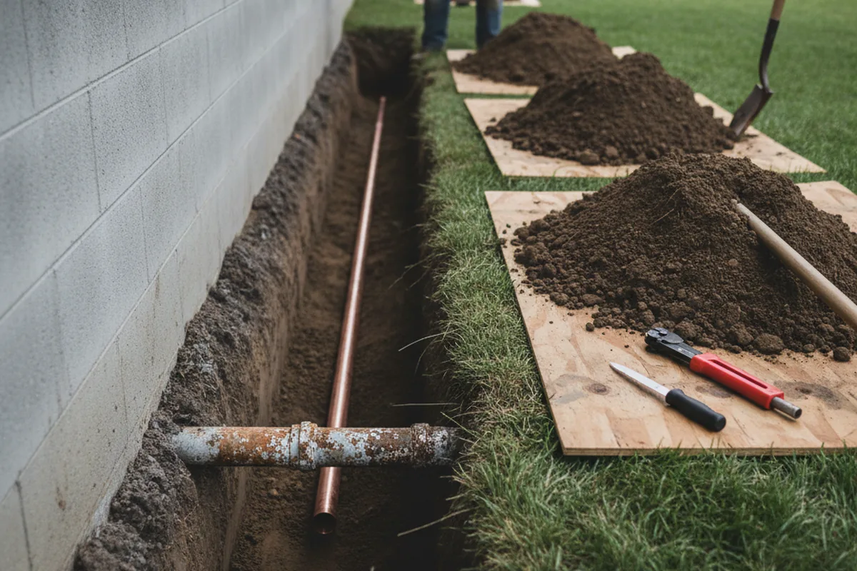Excavated water line trench during Sewer Line Repair in Hyden